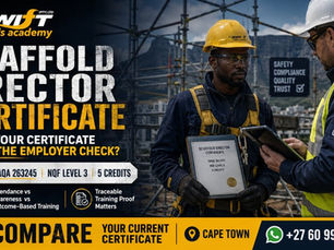 "Scaffold erector certificate South Africa guide showing employer and safety officer verifying scaffold training proof on Cape Town access scaffolding site with official Swift Skills Academy logo, SAQA 263245 NQF Level 3 5 credits, scaffold erector qualification, scaffold course certificate, practical competence, erect use and dismantle access scaffolding, SANS 10085 relevance, employer certificate checks, traceable training proof, site-ready credibility, construction safety compliance and Cape Town scaffold training enrolment for workers, contractors, safety officers, HR teams and employers"