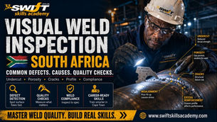 "At Swift Skills Academy in South Africa, trained welding professionals perform supervised visual weld inspection on carbon‑steel fabrications. Using inspection lights, bridge‑cam weld gauges, fillet‑weld gauges, and documented quality checklists, learners assess undercut, porosity, reinforcement, weld size, alignment, profile, surface cracks, and other visible imperfections against specified acceptance criteria. This accredited programme embeds compliance with South African welding standards while building technical competence in defect identification, quality assurance, and workplace readiness."
