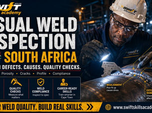 "At Swift Skills Academy in South Africa, trained welding professionals perform supervised visual weld inspection on carbon‑steel fabrications. Using inspection lights, bridge‑cam weld gauges, fillet‑weld gauges, and documented quality checklists, learners assess undercut, porosity, reinforcement, weld size, alignment, profile, surface cracks, and other visible imperfections against specified acceptance criteria. This accredited programme embeds compliance with South African welding standards while building technical competence in defect identification, quality assurance, and workplace readiness."