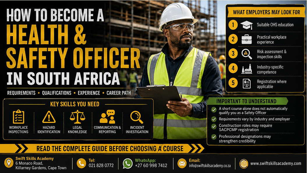Health and safety officer at a South African construction site with guidance on qualifications, workplace experience, risk assessment skills, industry competence and professional registration.