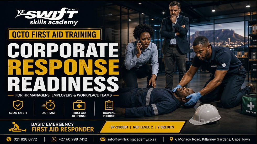 "Corporate QCTO First Aid Training in Cape Town by Swift Skills Academy for South African workplace emergency response"