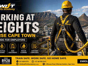 "Cape Town Working at Heights training employer guide featuring South African workers equipped with inspected safety harnesses, fall‑arrest systems, and secure anchor points. Safety executives oversee medical fitness checks, training record reviews, fall‑protection plans, and rescue procedures, all supported by Swift Skills Academy’s accredited compliance training."