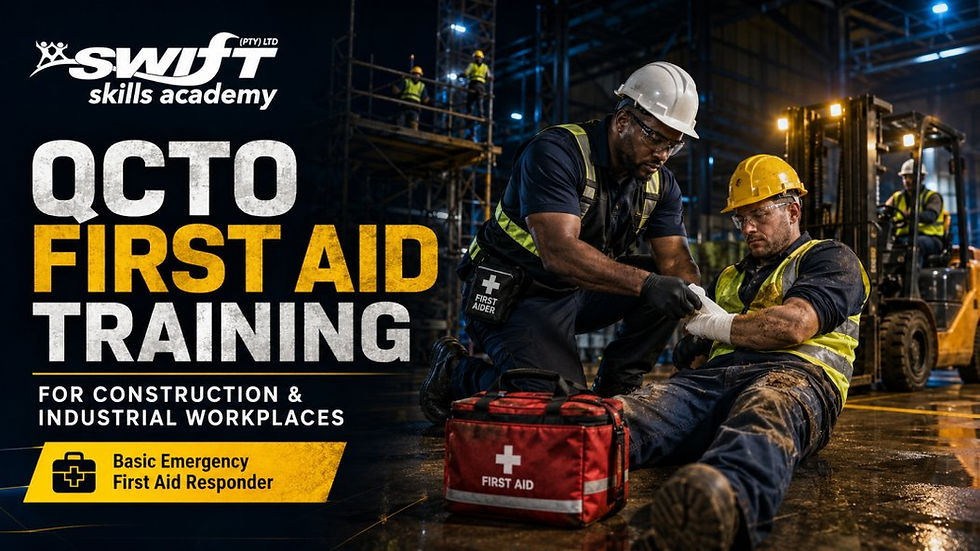 "Swift Skills Academy QCTO First Aid SP-230801 training for South African construction and industrial workplaces, first aider treating injured worker"