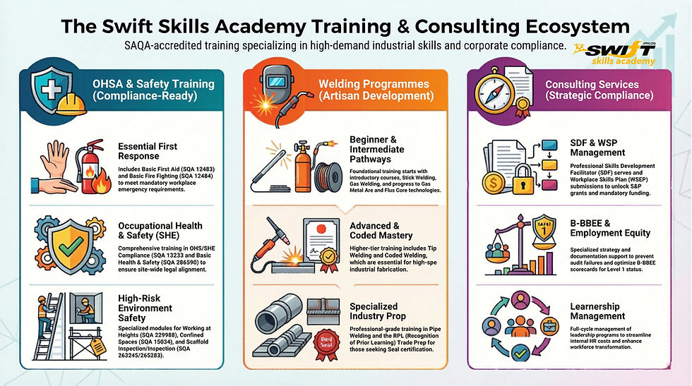 "Comprehensive infographic by Swift Skills Academy detailing SAQA Accredited Safety Training and Coded Welding Courses in Cape Town. The visual displays a structured curriculum including OHSA compliance (SAQA 13223), Basic First Aid (SAQA 12483), Fire Fighting (SAQA 12484), Working at Heights (SAQA 229998), and Confined Spaces (SAQA 15034) The landscape layout highlights a professional Welding Career Path from Introductory Stick and TIG welding to specialized Coded Pipe Welding and ARPL Red Seal Trade Test preparation A dedicated section outlines Industrial Consulting Services for B-BBEE Level 1 strategy, SDF consulting, Employment Equity, and Workplace Skills Plan (WSPATR) submissions for South African engineering firms, Accredited by merSETA and QCTO, the graphic emphasizes compliance with ISO 3834 and Department of Labour standards for 2026"