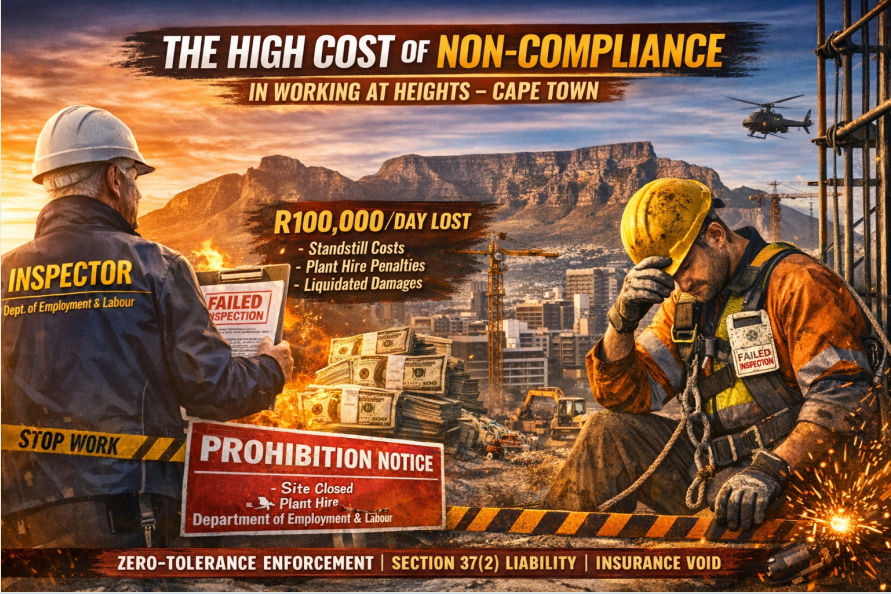 “Cape Town construction site shutdown scene with inspector enforcing zero‑tolerance Working at Heights Training SAQA 229998, highlighting R100 000/day losses and employer Section 37(2) liability under the OHS Act.”