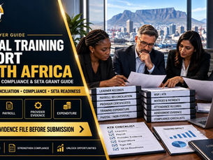 Annual Training Report South Africa 2027 employer guide with HR, finance, and SDF teams reconciling learner records, payroll data, provider accreditation evidence, training expenditure, and ensuring WSP/ATR compliance before the 30 April deadline.