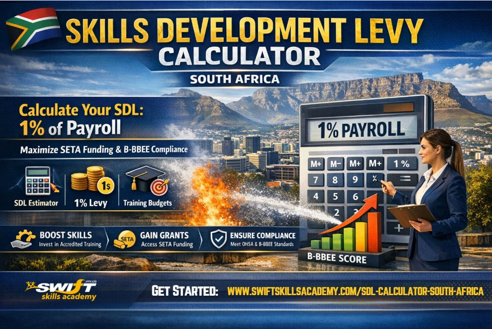 Skills Development Levy South Africa – Swift Skills Academy SDL Calculator for SETA funding, B‑BBEE scorecard improvement, and corporate compliance. Calculate your 1% payroll levy, unlock training grants, and boost workforce empowerment through accredited SAQA, QCTO, and MERSETA pathways in Cape Town.