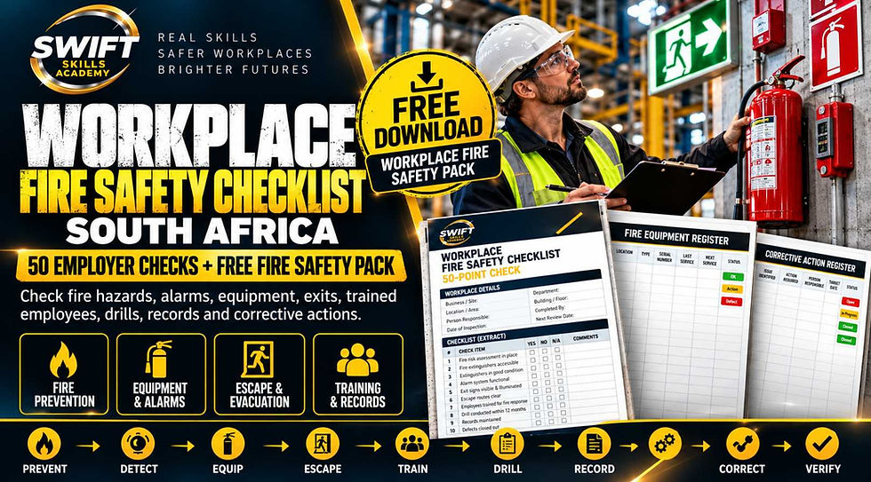 Workplace fire safety checklist South Africa — 50 employer checks covering fire prevention, alarms, equipment, escape routes, training, drills, records and corrective actions with free inspection pack in Cape Town