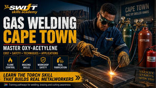 "At Swift Skills Academy in Cape Town, South African learners undertake supervised oxy‑acetylene gas welding training with full compliance to safety standards. Oxygen and acetylene cylinders are securely mounted with regulators, flashback arrestors, shaded eye protection, and flame‑resistant PPE. Under expert guidance, learners master torch control, neutral‑flame adjustment, weld‑pool manipulation, filler‑rod coordination, brazing techniques, and entry‑level fabrication skills. This accredited programme builds both technical competence and workplace readiness, aligning with South Africa’s compliance frameworks and industry demand for skilled welders."