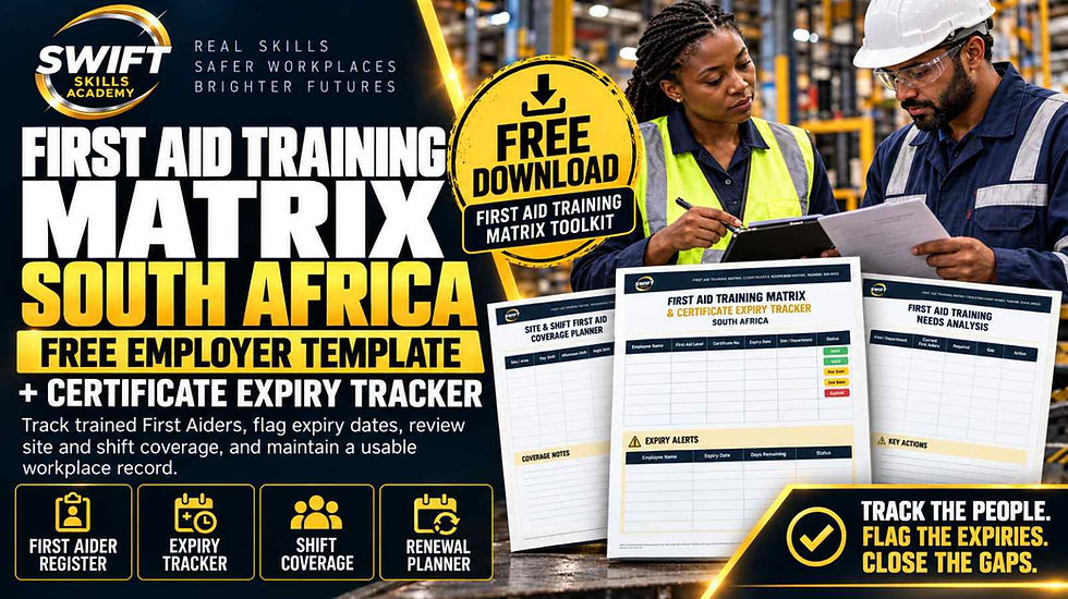 First Aid Training Matrix South Africa employer template with certificate expiry tracker, First Aider register, shift coverage and renewal planning