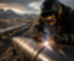 Welder performing outdoor pipe welding on a large oil-style pipeline in rugged terrain, representing practical pipeline welding training in Swift Skills Academy’s black-and-gold brand style.