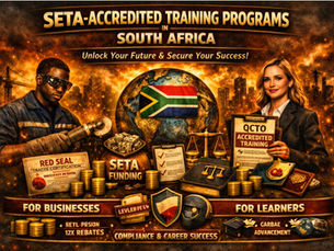 ‘SETA-Accredited Training Programs in South Africa’ split into two tracks. Left: ‘For Businesses’ with SDL Recovery, Section 12H Tax Rebates, and B-BBEE Points. Right: ‘For Learners’ with Red Seal Certification, Career Advancement, and Global Opportunities. Center globe with South African flag. Bottom banner reads ‘Compliance & Career Success’ with icons for shield, welding helmet, and globe.”