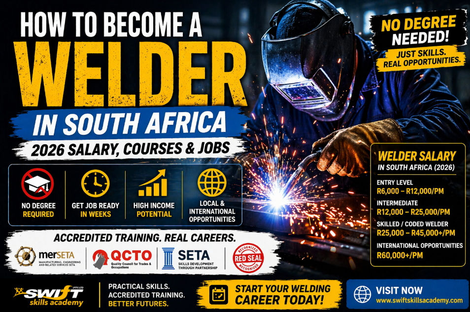 "How to become a welder in South Africa through MERSETA, QCTO, and SETA accredited training — Swift Skills Academy Cape Town delivers cinematic welding sparks in workshops covering MIG, TIG, and Arc welding skills. No degree required to get hired fast into high‑paying welding jobs with strong salary potential. Pathway to coded welder and Red Seal artisan certification opens local and international career opportunities."