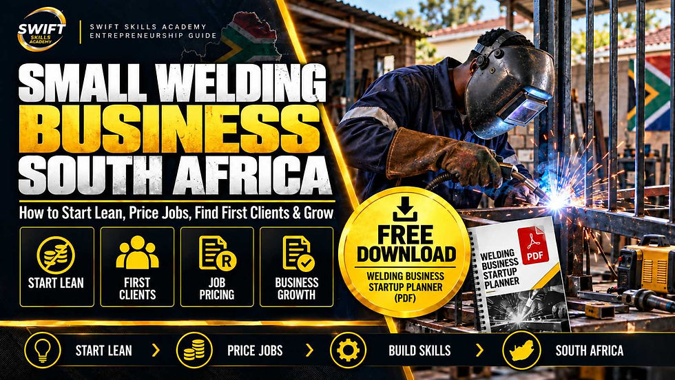 Small welding business in South Africa guide showing a welder starting a lean welding business, pricing jobs, finding first clients, building skills and using a free welding business startup planner