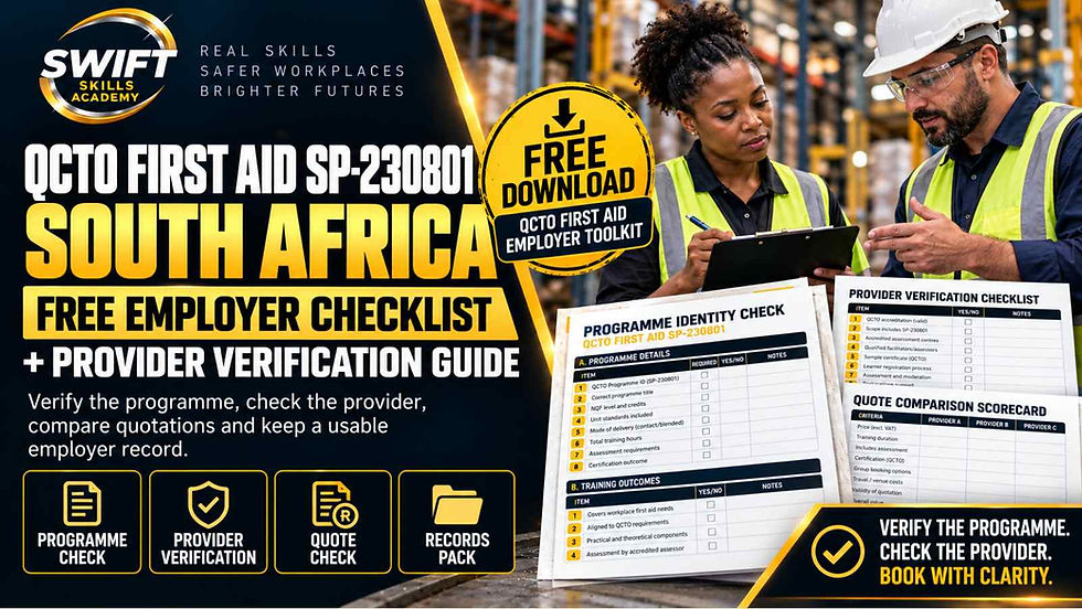 South African employer checklist for QCTO First Aid SP‑230801, covering programme verification, provider accreditation checks, quote comparisons, and training record compliance.