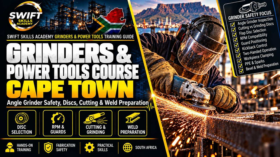 Accredited grinders and power tools course Cape Town with hands-on angle grinder safety, disc selection, RPM checks, cutting, grinding, and weld preparation training
