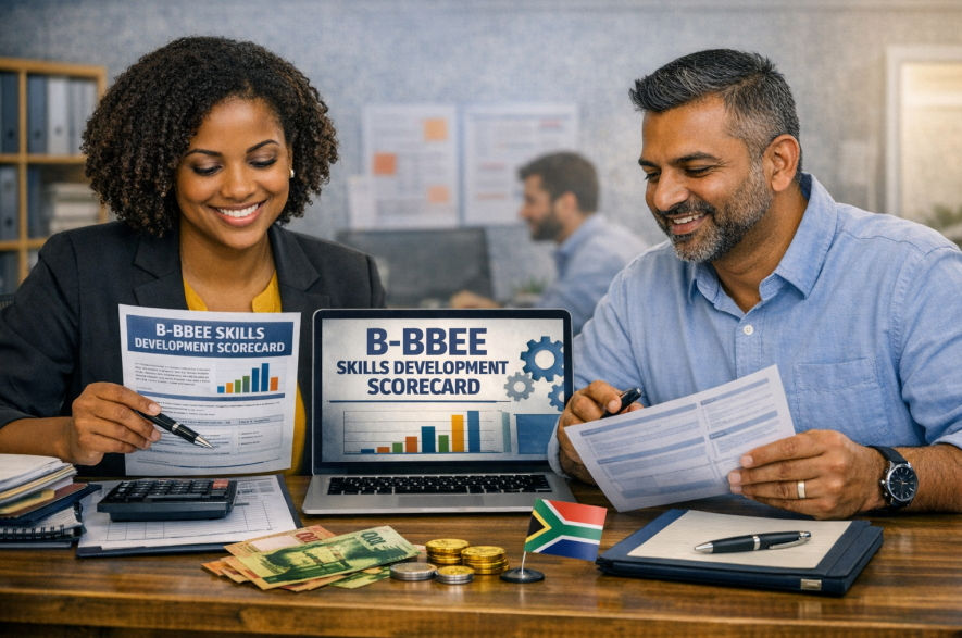 "Employers in South Africa reviewing B-BBEE Skills Development Scorecard compliance documents and training plans, with charts and a laptop displaying “B-BBEE Skills Development Scorecard.”