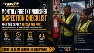 "Monthly fire extinguisher inspection checklist for South African workplaces, featuring Cape Town safety officers verifying extinguisher access, visibility, safety seals, pressure gauges, service records, and identifying staff knowledge gaps before conducting practical workplace fire‑fighting training with Swift Skills Academy."