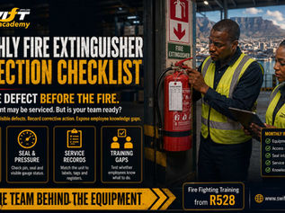 "Monthly fire extinguisher inspection checklist for South African workplaces, featuring Cape Town safety officers verifying extinguisher access, visibility, safety seals, pressure gauges, service records, and identifying staff knowledge gaps before conducting practical workplace fire‑fighting training with Swift Skills Academy."