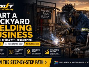 "How to start a backyard welding business in South Africa with zero capital hero image showing a young South African welder working from home in a township backyard at sunset, using borrowed tools, scrap steel and practical welding skills to move from unemployment to first local clients, small welding jobs, gate repairs, home-based income, youth entrepreneurship, accredited welding training, Swift Skills Academy welding courses Cape Town, MERSETA, QCTO, SAQA 94100, Red Seal pathway and real career opportunity for jobseekers, artisans and aspiring welding business owners in South Africa"