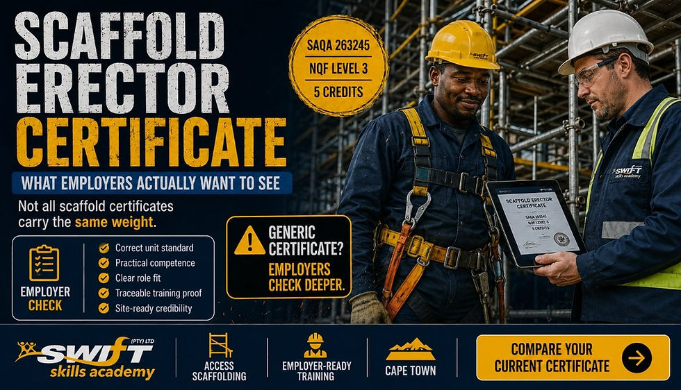 "Scaffold Erector Certificate South Africa guide showing what employers, safety officers and site managers actually check before accepting scaffold training proof, including SAQA 263245, NQF Level 3, 5 credits, practical competence, access scaffolding, SANS 10085 relevance and Cape Town training with Swift Skills Academy."