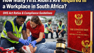 "Cape Town workplace safety compliance — South Africa OHS Act mandatory first aiders with employees delivering emergency care beside Constitution and gavel"