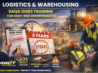 “Cape Town warehouse safety officer providing first aid to injured worker near forklift — Swift Skills Academy accredited SAQA 12483 training for logistics and warehousing high‑risk environments, emphasizing OHS Act compliance, mandatory 3‑year certificate renewal cycle, 1:25 safety ratios, R50 000+ fines, director liability, and audit‑ready certification standards for South African businesses.”
