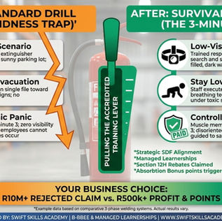 Infographic visualization contrasting a standard fire drill in a sunny parking lot vs. a tactical '3-Minute Rule' survival scenario in a smoke-filled warehouse, highlighting the importance of Basic Fire Fighting Course Cape Town for preventing panic-based fatalities.