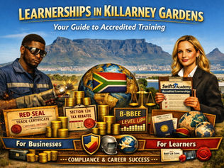 “Hero image for blog ‘Learnerships in Killarney Gardens’. Table Mountain and Cape Town cityscape in the background. Left: welder with sparks and Red Seal certificate. Right: businesswoman holding Swift Skills Academy clipboard. Center icons highlight Section 12H tax rebates, B-BBEE points, and coins. Bottom banners show ‘For Businesses’ with compliance icons and ‘For Learners’ with Red Seal, globe, and hard hat icons. Keywords: Killarney Gardens, Cape Town, Table Mountain, South Africa, SETA Accredited Training, Learnerships Cape Town, Red Seal Certification, Section 12H Rebates, B-BBEE Points, Skills Development.”