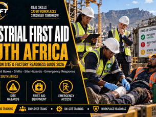 Industrial first aid training South Africa scene with certified first aider assisting injured construction worker as site management reviews shift coverage, hazards, emergency access, and workplace readiness.