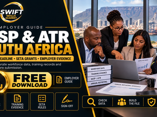 Free WSP and ATR South Africa 2027 employer guide download by Swift Skills Academy showing Workplace Skills Plan, Annual Training Report, SETA grants, employer evidence and submission readiness.