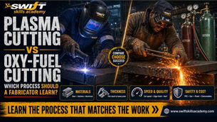 "At Swift Skills Academy in Cape Town, South African fabricators complete supervised plasma cutting and oxy‑fuel cutting comparison training. Learners perform plasma cutting on electrically conductive sheet metal and oxy‑acetylene cutting on thick carbon‑steel plate, with full compliance to safety standards. Correct use of power supply, compressed air, oxygen and acetylene cylinders, regulators, flashback arrestors, ventilation systems, and flame‑resistant PPE is enforced. Under expert guidance, learners develop equipment setup, torch handling, cut‑quality evaluation, and hot‑work safety practices, gaining insight into the strengths and limitations of each cutting process for fabrication and compliance applications."