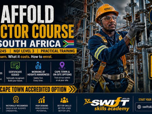 "Scaffold Erector Course South Africa covering SAQA 263245, NQF Level 3 practical scaffold training, scaffold erector certification, SANS 10085 relevance, working at heights awareness, and Cape Town or on-site training options with Swift Skills Academy."