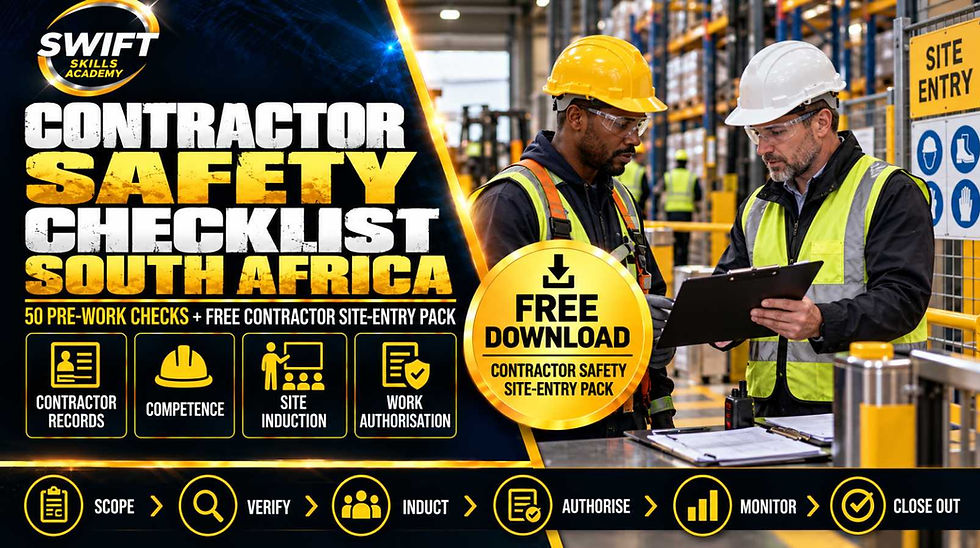 Contractor safety checklist South Africa with 50 pre-work checks covering contractor records, competence, site induction, work authorisation and a free site-entry pack