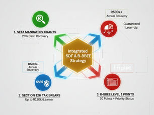 Financial model of an Integrated SDF and B-BBEE Strategy showing R500k+ annual recovery through SARS tax incentives and SETA grants for engineering firms.