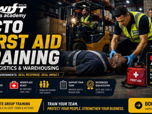 "Hero image for Logistics and Warehousing QCTO First Aid Training in South Africa by Swift Skills Academy, depicting Basic Emergency First Aid Responder SP‑230801 instruction tailored for Cape Town warehouse teams; emphasizes workplace emergency response, first‑aider coverage and ratios, forklift injury preparedness, correct first‑aid kit use, employer compliance obligations, training records, and on‑site group training delivery."