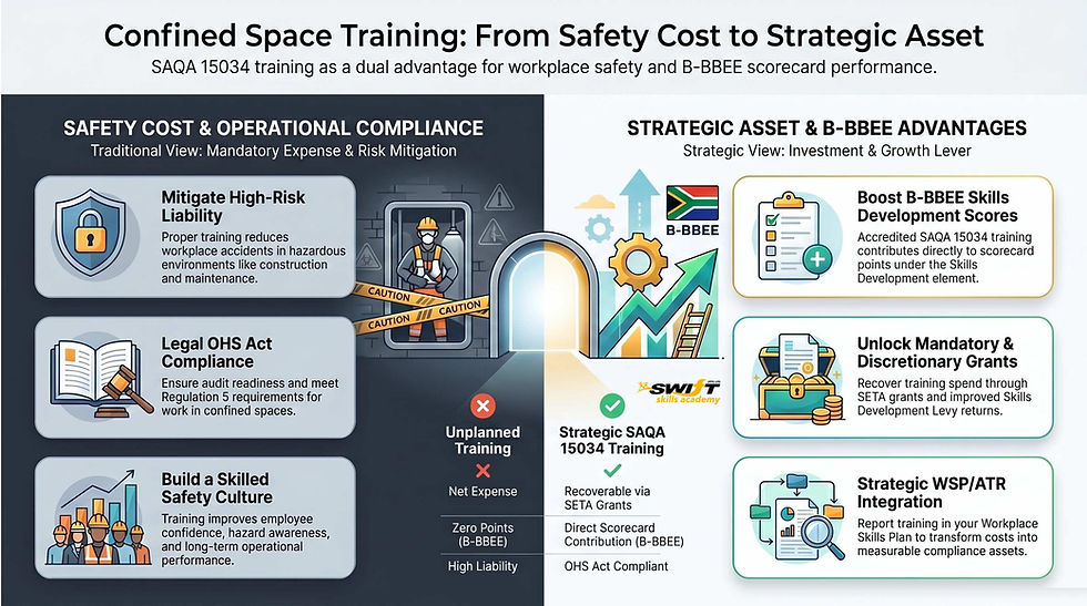 "Strategic Confined Space Course Cape Town SAQA 15034 training at Swift Skills Academy, empowering South African engineering firms to maximize B-BBEE Skills Development points, unlock SETA grants, and ensure absolute OHSA compliance through integrated Workplace Skills Plans (WSP) and ATR reporting."