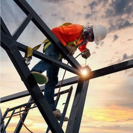 "Practical working at heights training demonstration at Swift Skills Academy in Killarney Gardens, Cape Town (6 Monaco Road); skilled worker in white hard hat, orange hi-vis jacket, full body safety harness with yellow double lanyard, and gloves performing welding on elevated steel beam structure secured with fall arrest system—hands-on fall protection exercise for CETA accredited SAQA Unit Standard 229998 'Explain and perform fall arrest techniques when working at height' NQF Level 1, 2 Credits, covering equipment inspection, anchor points, double lanyard use, lifelines, suspension trauma response, rescue procedures, and OHS Act compliance"