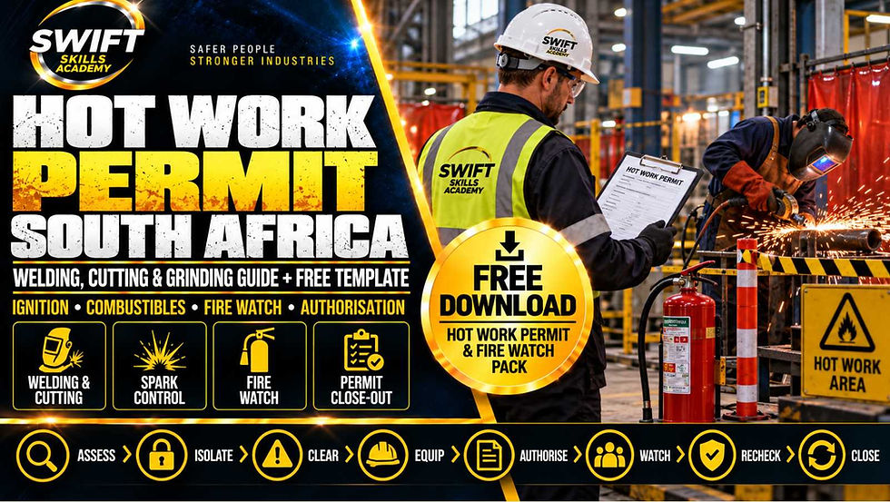 Hot work permit South Africa employer guide showing welding cutting grinding spark control fire watch authorisation and free hot work permit template