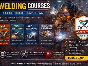 "Welding courses Cape Town – Swift Skills Academy delivers QCTO accredited MIG, TIG, and ARC welder training with hands‑on practical workshops. Red Seal certification pathways empower South Africa’s skilled trade workforce. Accredited compliance programs aligned with MERSETA and OHSA standards ensure corporate SDL recovery, B‑BBEE credits, and workforce empowerment. Enrol now with the undisputed authority in welding education."
