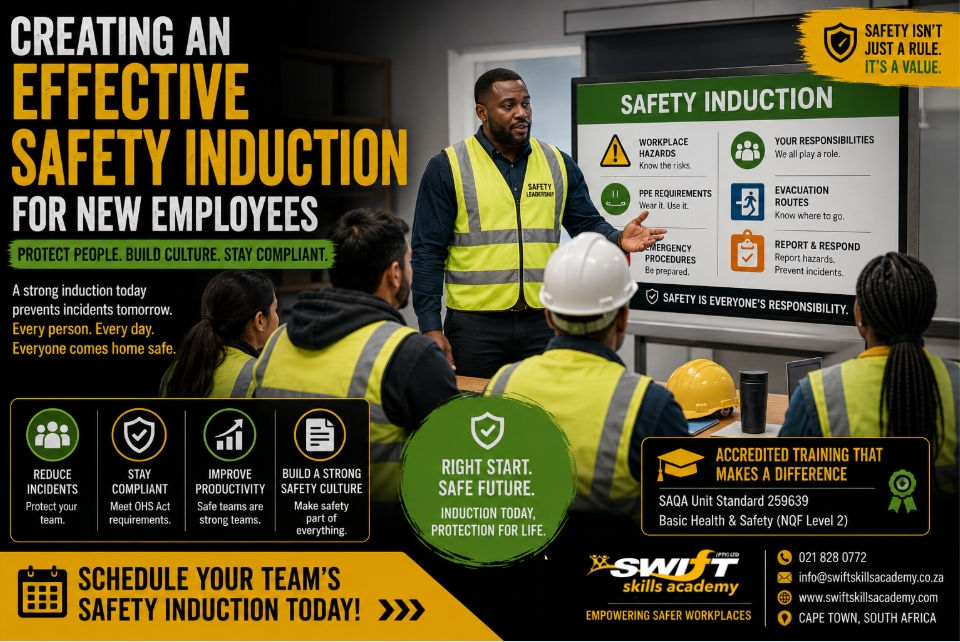 "safety induction training South Africa HR manager onboarding new employees workplace orientation PPE emergency procedures OHS Act compliance SAQA 259639 workplace safety induction Swift Skills Academy Cape Town"