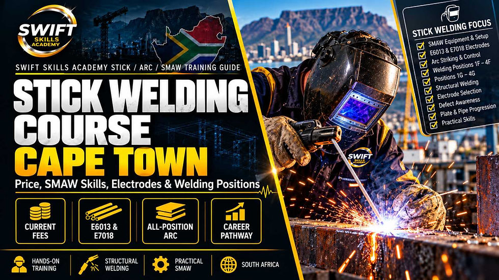 Stick welding course Cape Town learner completing practical ARC SMAW training with E6013 and E7018 electrodes at Swift Skills Academy