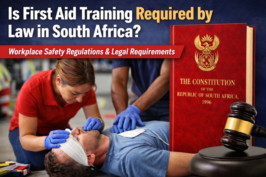 "Cape Town occupational health and safety compliance — mandatory workplace first aid training under South African law with employees performing CPR beside Constitution and gavel"