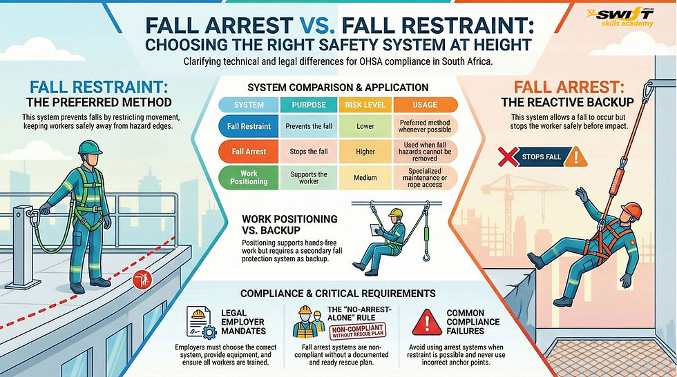 "Infographic comparing Fall Arrest vs Fall Restraint South Africa, illustrating the key differences in safety systems, risk levels, and equipment usage for working at heights. The visual explains how Fall Restraint prevents falls, Fall Arrest stops falls after they occur, and Work Positioning supports hands-free tasks, Key details include compliance with the Occupational Health and Safety Act (OHSA), SAQA 229998 unit standards, and essential equipment like harnesses and lanyards for workplace compliance in Cape Town and South Africa"