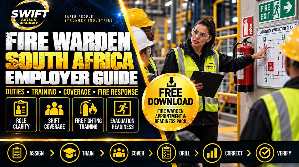 South Africa fire warden employer guide highlighting appointed duties, shift coverage responsibilities, evacuation readiness, workplace fire fighting training, and free appointment pack from Swift Skills Academy