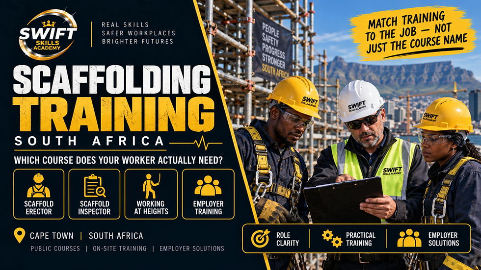 Scaffold workers and safety supervisor in Cape Town South Africa comparing scaffolding training pathways for Scaffold Erector, Scaffold Inspector, Working at Heights, and employer compliance roles
