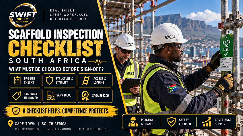 Scaffold inspectors checking access scaffolding in Cape Town, South Africa, using a scaffold inspection checklist for pre-use checks, structure, access, tagging, handover and SANS 10085 compliance support.