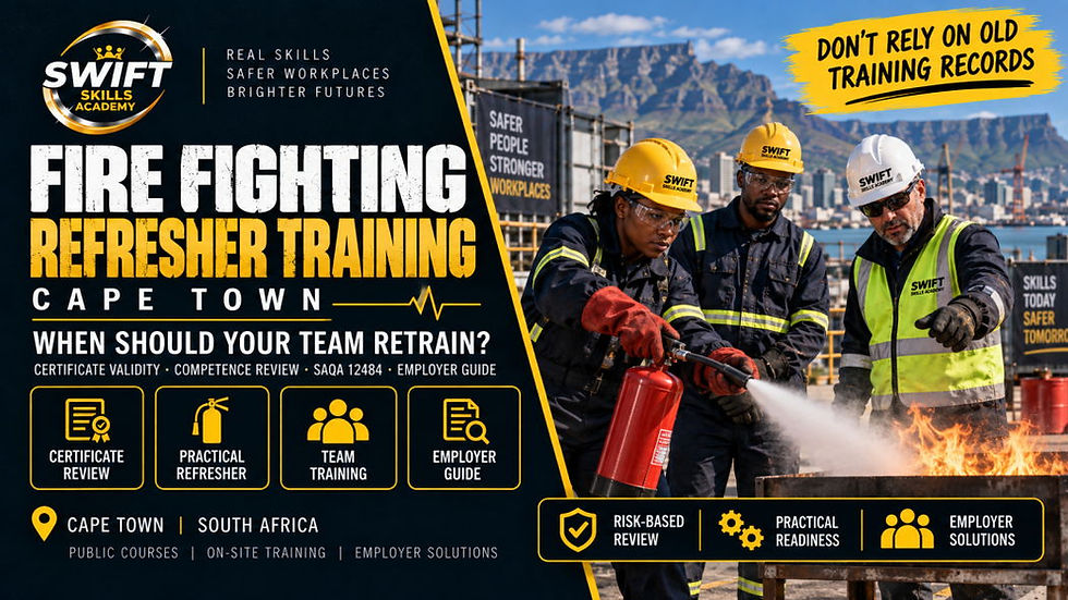 Employees completing practical fire fighting refresher training in Cape Town with an instructor reviewing extinguisher use, certificate validity and workplace fire-response competence.
