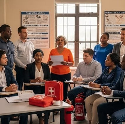 "Diverse group of professionals during hands-on OHSA/SHE compliance training at Swift Skills Academy in Killarney Gardens, Cape Town; female instructor in orange top presenting safety procedures to attentive participants with first aid kit and fire extinguisher on table, OHSA regulation posters visible—practical group session for SAQA Unit Standard 13223 'Apply safety, health and environmental protection procedures' NQF Level 3, 6 Credits, covering hazard identification, inspections, reporting, and workplace legislation compliance"