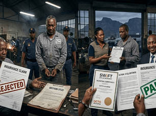 "Swift Skills Academy 2026 OHS Compliance Visual at 6 Monaco Road, Killarney Gardens. Left: A Cape Town CEO in handcuffs following an industrial fatality and unverified Section 37(2) fail, resulting in a R10M+ rejected claim. Right: A verified Section 37(2) legal defense, showing legal immunity and claim payment, contrasting vicarious liability against R500k+ profit and B-BBEE points. Table Mountain view anchors the industrial scene under twilight."